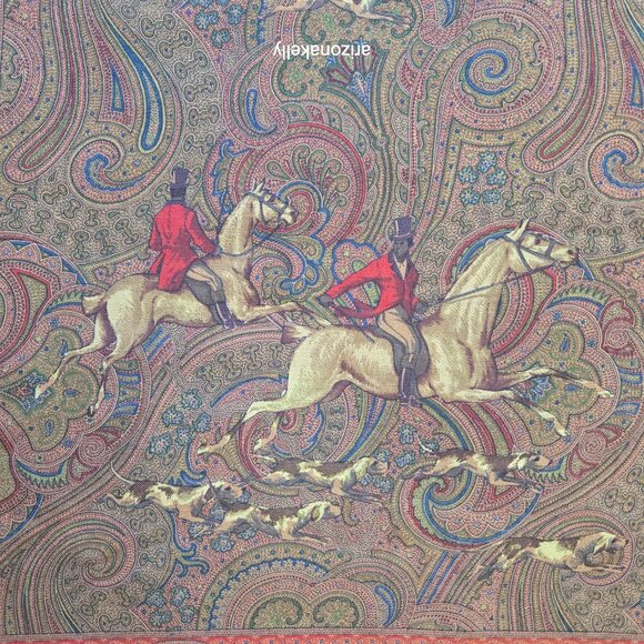 Vintage Ralph Lauren LARGE Wool Square Scarf Shawl Wrap Equestrian Hunting Dogs - Picture 5 of 16